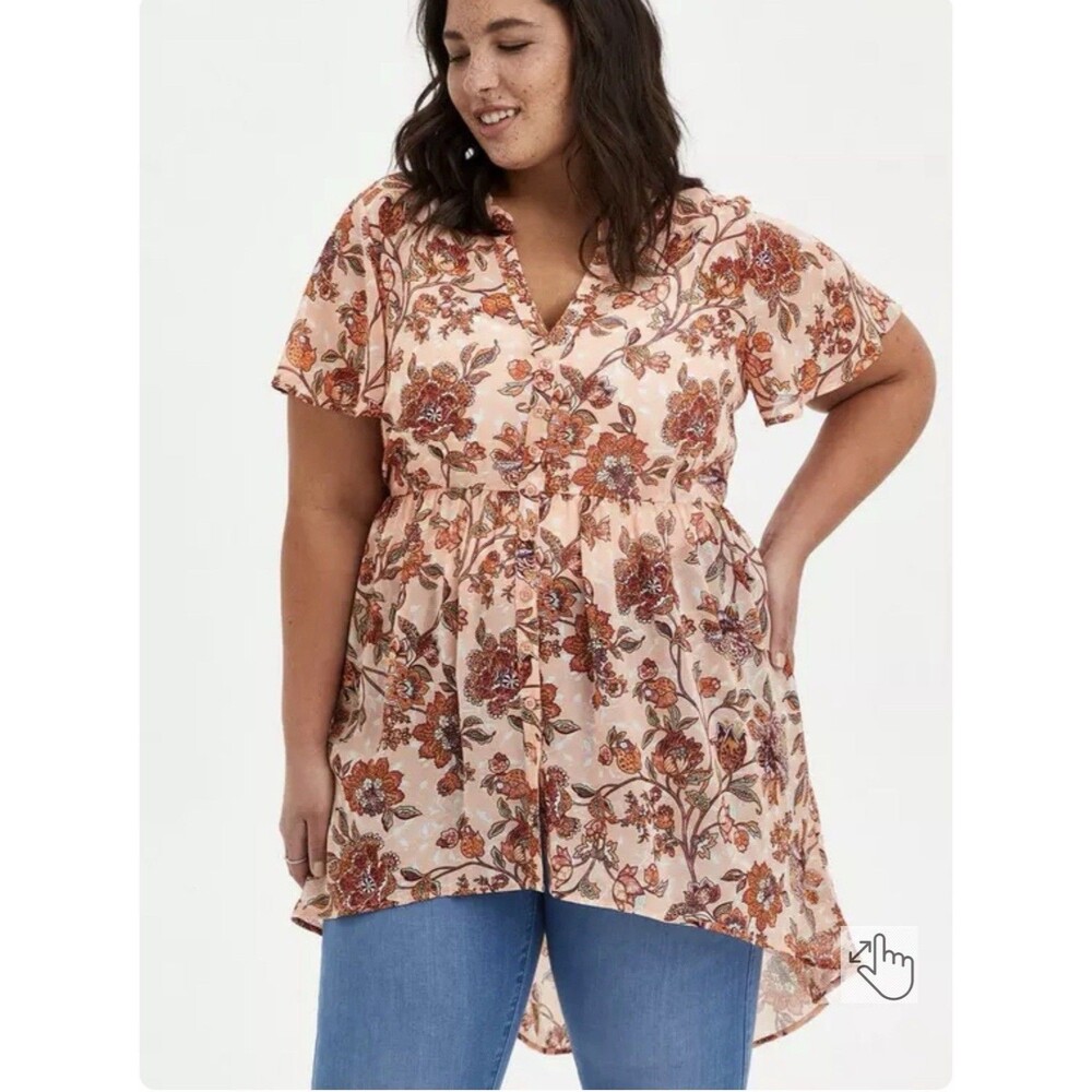 Torrid Size 1 (14/16) Coral Floral Print Lexie Babydoll High-Low Tunic Top